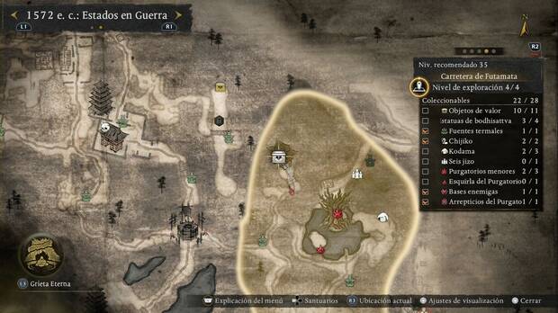 Nioh 3 - Cofres en la Carretera de Futamata, ubicaci�n del cofre de la esquina noroeste