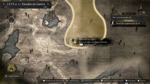 Nioh 3 - Misiones secundarias, Buscando un esp�a... : ubicaci�n de Hanzo al sur de Futamata