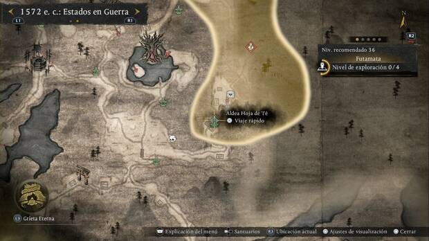 Nioh 3 - Santuarios de Futamata, ubicaci�n de la Aldea Hoja de T� en la entrada m�s al sur de la regi�n