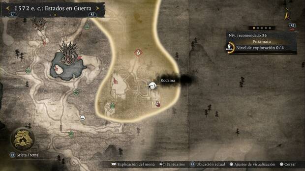 Nioh 3 - Kodama en Futamata, ubicaci�n del kodama de la casa de los senderos al este-sudeste de los campos del sur