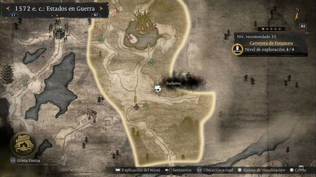 Nioh 3 - Sudama en la Carretera de Futamata, ubicaci�n del sudama en la zona sudeste de la Pradera Plateada del centro de la regi�n