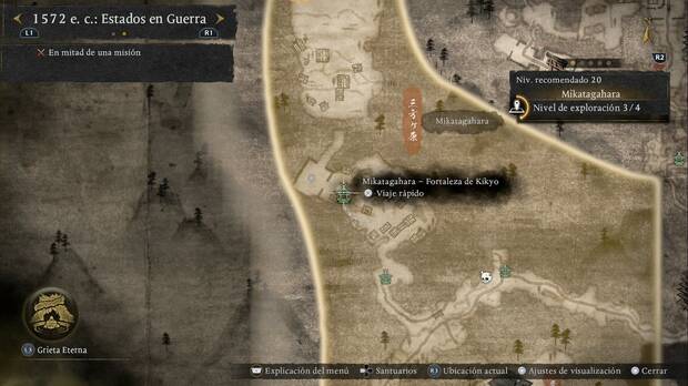 Nioh 3 - Una invasi�n feroz, ubicaci�n del santuario de Mikatagahara Fortaleza de Kikyo, en la salida noroeste del campamento Tokugawa