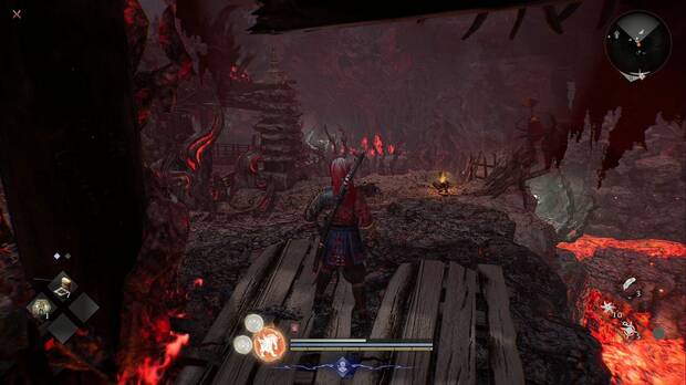 Nioh 3 - Una invasi�n feroz, amrita en la zona del edificio calcinado, antes de la segunda estatua del purgatorio