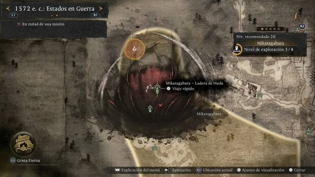 Nioh 3 - Una invasi�n feroz, ubicaci�n de la estatua Mikatagahara - Ladera de Hoda en la zona central del purgatorio de Mikatagahara