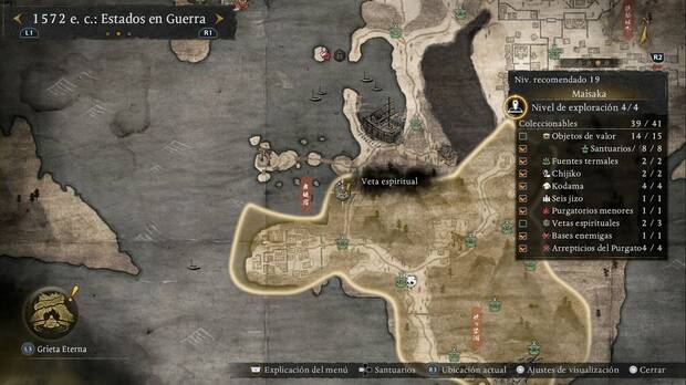 Nioh 3 - Vetas espirituales de Maisaka, ubicaci�n de la veta espiritual de la zona oeste-noroeste, junto al sendero que lleva al Lago Sanaru