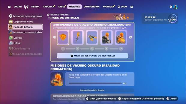 Fortnite Battle Royale - C7T1, Secci�n de misiones del Pase de batalla con las misiones de Viajero Oscuro destacadas