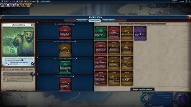 La oligarquía sólo deja poner una carta por cada categoría, pero las sucesivas formas de gobierno permiten jugar más con las distintas políticas.