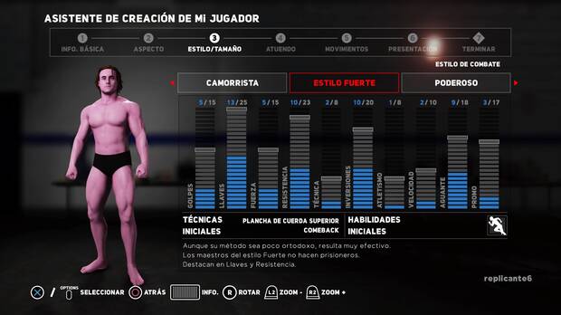 El editor de personajes es muy llamativo y está repleto de opciones. Pasaréis mucho tiempo confeccionando a vuestro luchador.