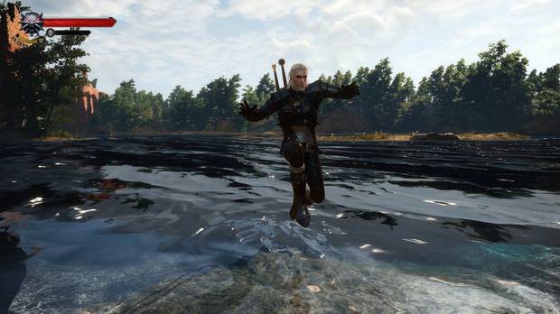 Geralt saltando en aguas bajas gracias a un mod de The Witcher 3.