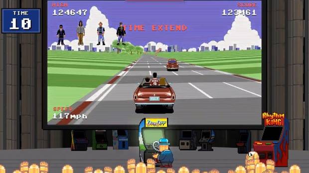 Podemos disfrutar de diversos minijuegos en plan recreativas cl�sicas, algunos de ellos realmente trepidantes y divertidos, como esta especie de 'Out Run'.