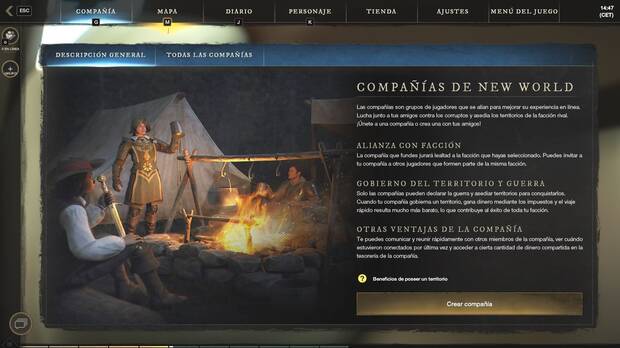 New World - Cómo crear un clan: pestaña de creación de compañía