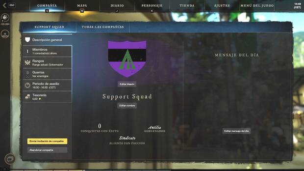 New World - Cómo crear un clan: menú de la Compañía