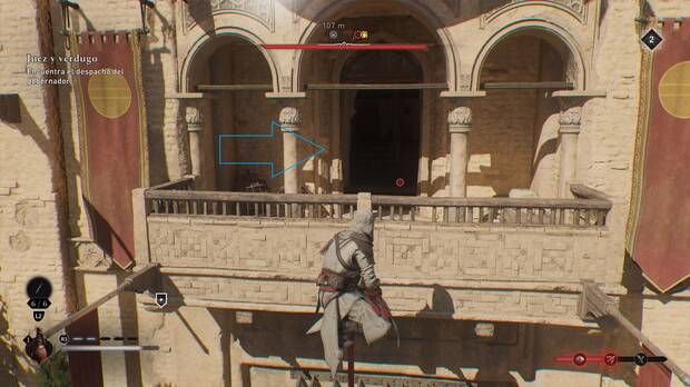 Assassin's Creed Mirage - Balcón superior por el que entrar a la Sede de la shurta