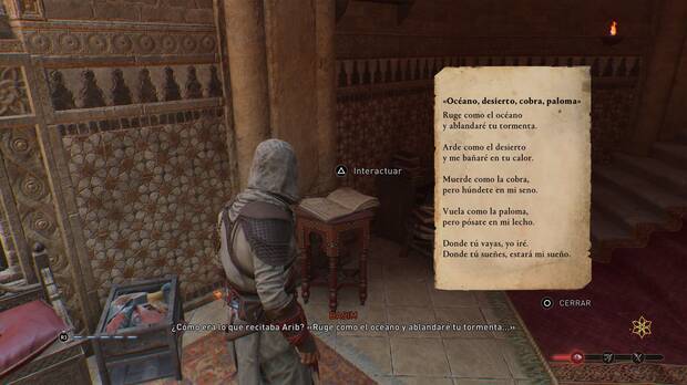 Poema Océano, desierto, cobra, paloma con la solución del puzle