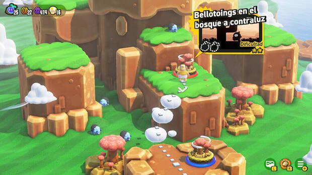 Super Mario Bros. Wonder - Nivel Bellotoings en el bosque a contraluz del Mundo 1 Pradera Tubirroca