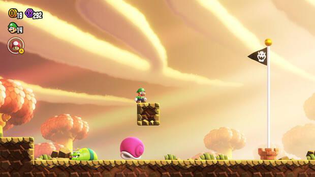 Super Mario Bros. Wonder - Cómo llegar a lo más alto del banderín de meta en La cabalgata de los Embistontes