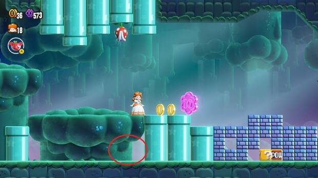 Super Mario Bros. Wonder - Localización de la Moneda púrpura #3 en Spikes entre tuberías inestables