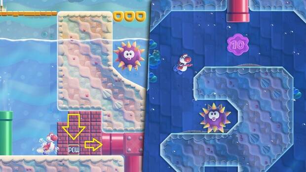 Super Mario Bros. Wonder - Localización de la Moneda púrpura #2 en La gruta costera del Hurtín buceador