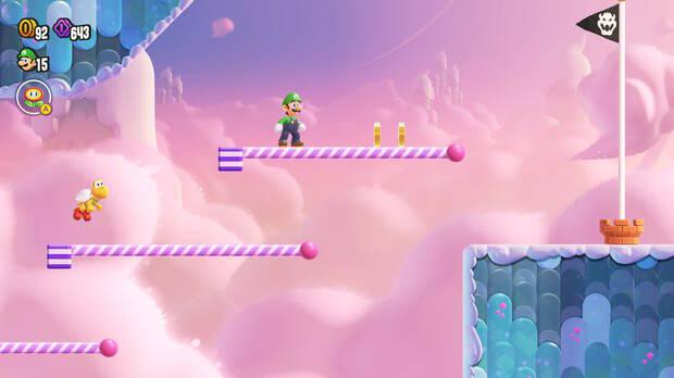 Super Mario Bros. Wonder - Cómo llegar a lo más alto del banderín de meta en La expansión de los bloques extensibles