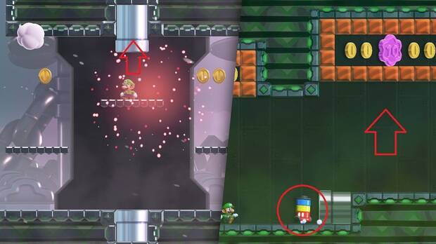 Super Mario Bros. Wonder - Localización de la Moneda púrpura #2 en Fortaleza aérea en la cordillera Nub Nub