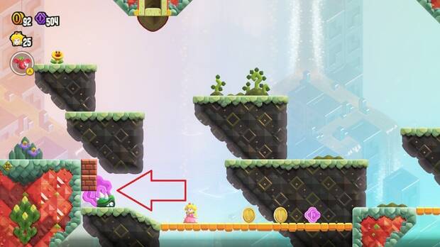 Super Mario Bros. Wonder - Localización de la Moneda púrpura #1 en La prueba de las mil Saltamantas