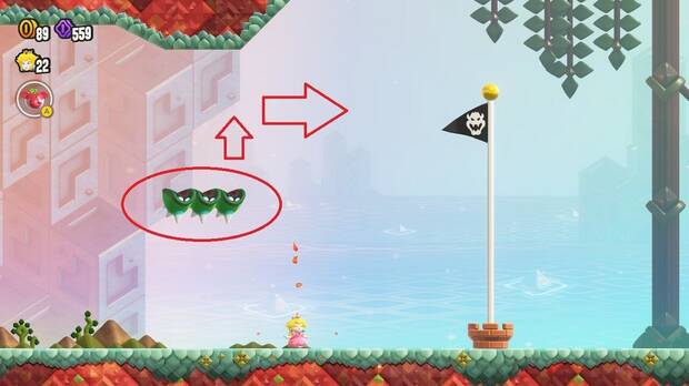Super Mario Bros. Wonder - Cómo llegar a lo más alto del banderín de meta en La prueba de las mil Saltamantas