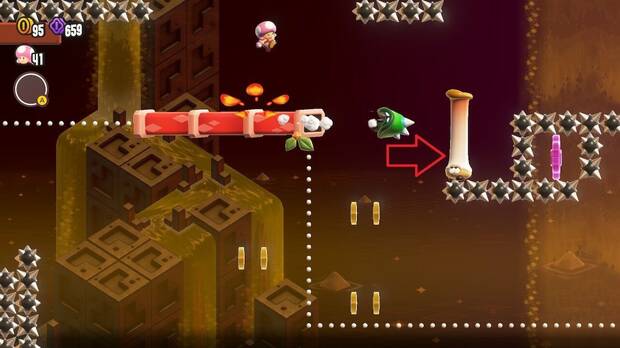Super Mario Bros. Wonder - Localización de la Moneda púrpura #2 en Prueba espinosa: Lanzasaltamantas