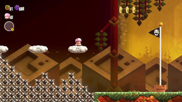 Super Mario Bros. Wonder - Cómo llegar a lo más alto del banderín de meta en Prueba espinosa: Lanzasaltamantas