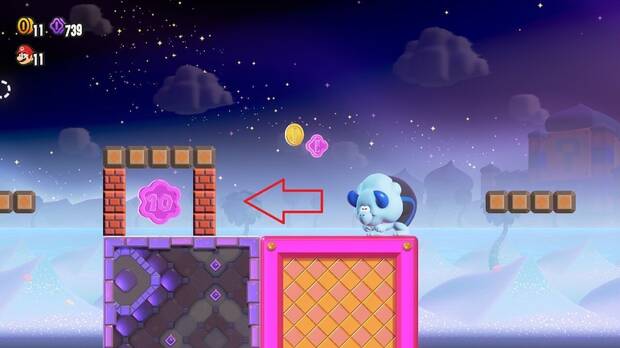 Super Mario Bros. Wonder - Localización de la Moneda púrpura #2 en Reto de insignia pro - Invisibilidad 1