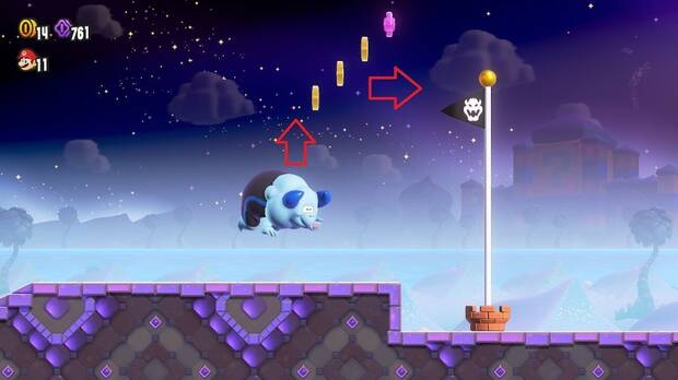 Super Mario Bros. Wonder - Cómo llegar a lo más alto del banderín de meta en Reto de insignia pro - Invisibilidad 1