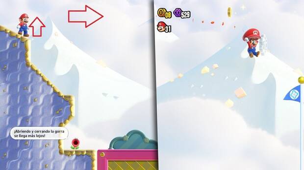 Super Mario Bros. Wonder - Cómo llegar a lo más alto del banderín de meta en Reto de insignia - Gorra paracaídas 2