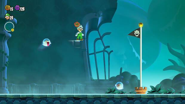 Super Mario Bros. Wonder - Cómo llegar a lo más alto del banderín de meta en Luces en la casa encantada