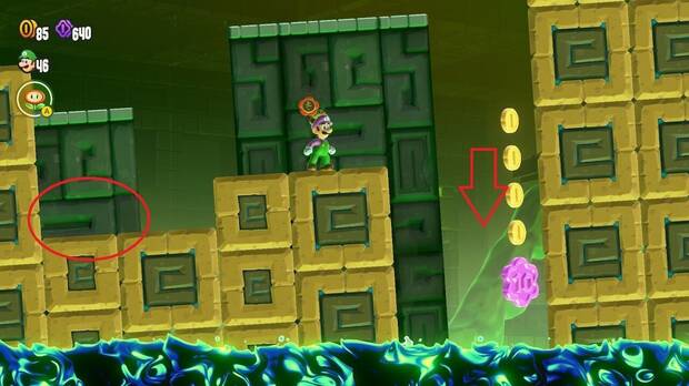 Super Mario Bros. Wonder - Localización de la Moneda púrpura #1 en Excavación central: Ruinas basculantes