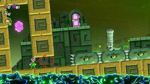 Super Mario Bros. Wonder - Localización de la Moneda púrpura #3 en Excavación central: Ruinas basculantes