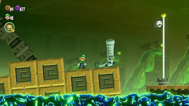 Super Mario Bros. Wonder - Cómo llegar a lo más alto del banderín de meta 2 en Excavación central: Ruinas basculantes