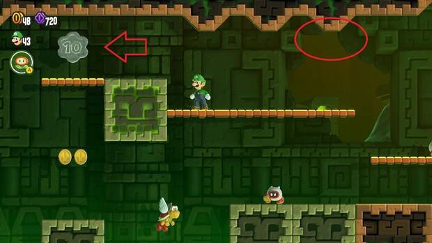 Super Mario Bros. Wonder - Localización de la Moneda púrpura #1 en Excavación final: Ruinas ponzoñosas