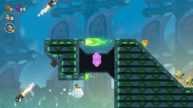 Super Mario Bros. Wonder - Localización de la Moneda púrpura #1 en Fortaleza aérea en el archipiélago Pétalo