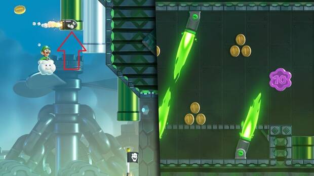 Super Mario Bros. Wonder - Localización de la Moneda púrpura #2 en Fortaleza aérea en el archipiélago Pétalo