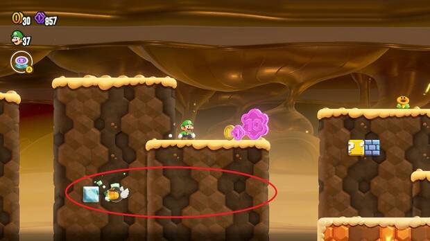 Super Mario Bros. Wonder - Localización de la Moneda púrpura #1 en La caverna de los Ñac-ñacs