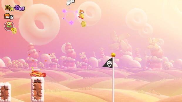 Super Mario Bros. Wonder - Cómo llegar a lo más alto del banderín de meta en Bufé libre para los Digaahs