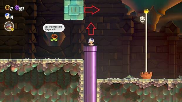 Super Mario Bros. Wonder - Cómo llegar a lo más alto del banderín de meta en Ruinas Lavonchof a simple vista
