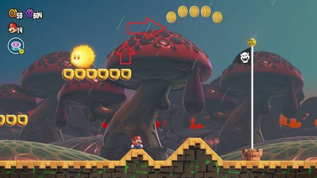 Super Mario Bros. Wonder - Cómo llegar a lo más alto del banderín de meta en Especial Fungijí: Rosquilla rodante