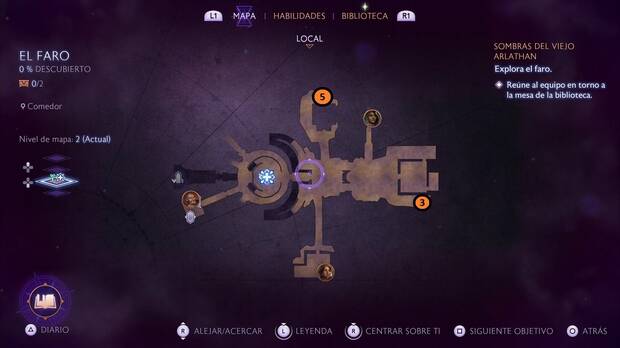 Dragon Age: The Veilguard - Sombras del viejo Arlathan: mapa de la zona del faro con las ubicaciones de las estatuas con palancas
