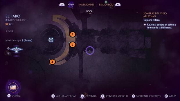 Dragon Age: The Veilguard - Sombras del viejo Arlathan: mapa de la zona del faro con las ubicaciones de las estatuas con palancas