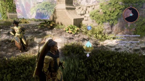 Dragon Age: The Veilguard - En las zarpas de la entropía: cristal de energía junto al puente destruido fuera del templo élfico