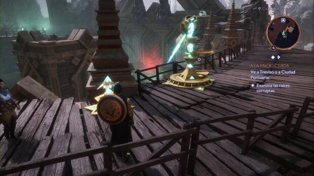 Dragon Age: The veilguard - A la Encrucijada: artefacto mágico en un andamio junto a la plaza con enemigos