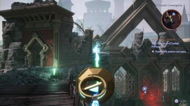 Dragon Age: The Veilguard - A la Encrucijada: puerta abierta tras cargar los dos cristales sobre la puerta roja
