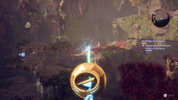 Dragon Age: The Veilguard - La magia de los Antiguos: artefacto de rayo mágico apuntando a la burbuja que restaura el puente