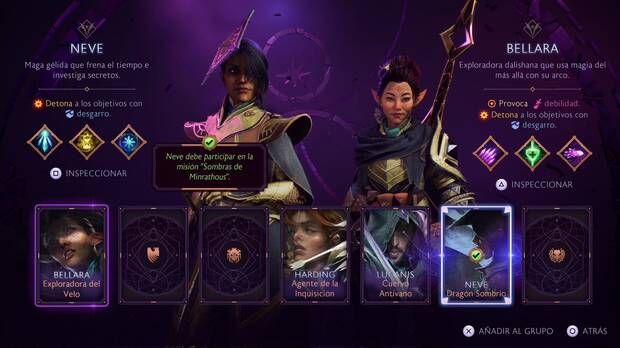 Dragon Age: The Veilguard - Sombras de Minrathous: menú de selección de acompañantes