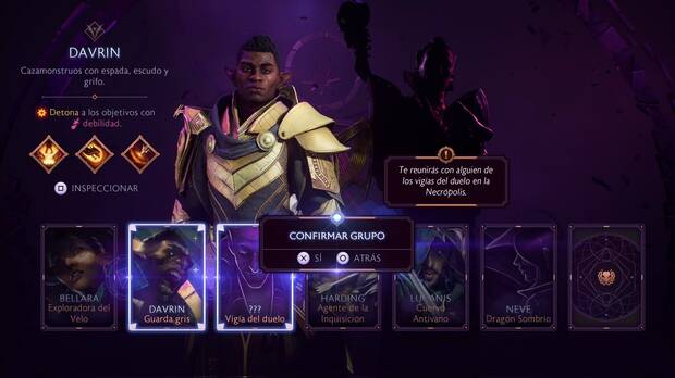 Dragon Age: The Veilguard - El destino de los muertos: menú de selección de personajes